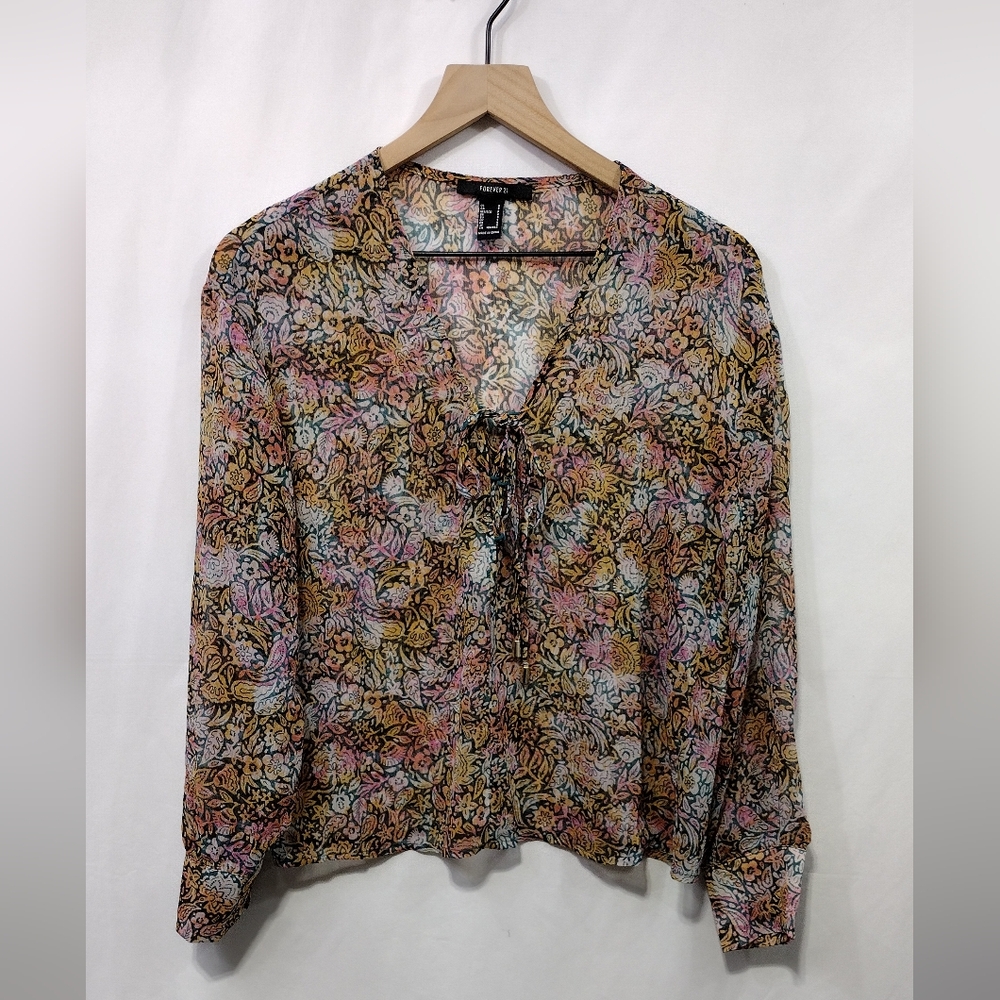 Forever 21 Floral Sheer Top Women's S Multicolor Artsy Retro Boho 90s Y2K